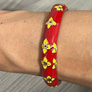 Vintage Gold and Enamel Hinged Bangle Bracelet, Red with Yellow Flowers, Boho